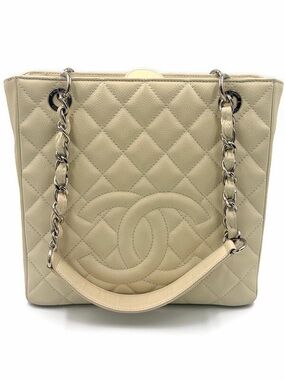 Authentic CHANEL PST Grand Shopping Tote Ivory Caviar Leather Silver Hardware